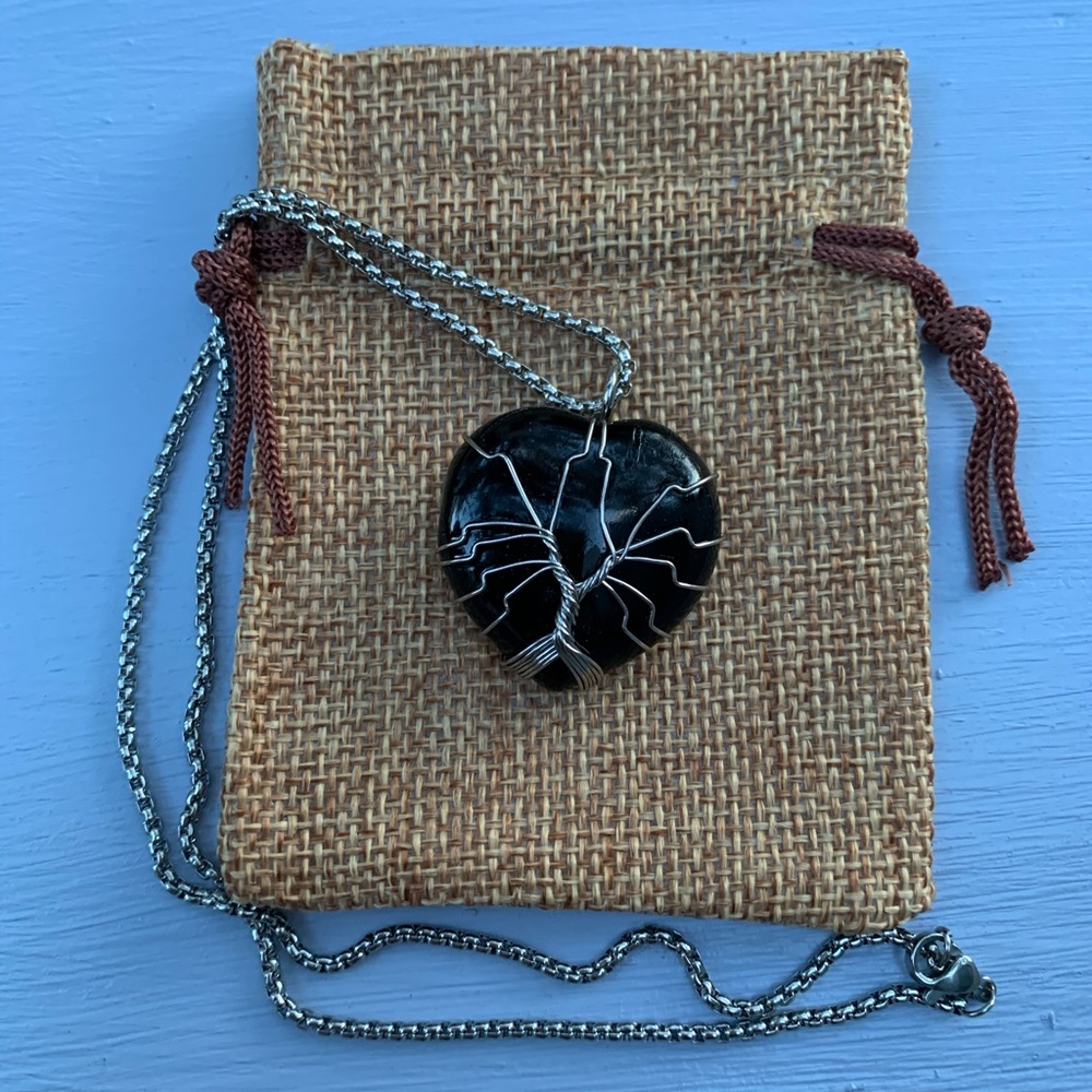Black Obsidian Necklace Black Obsidian Wire Wrapped Heart Necklace